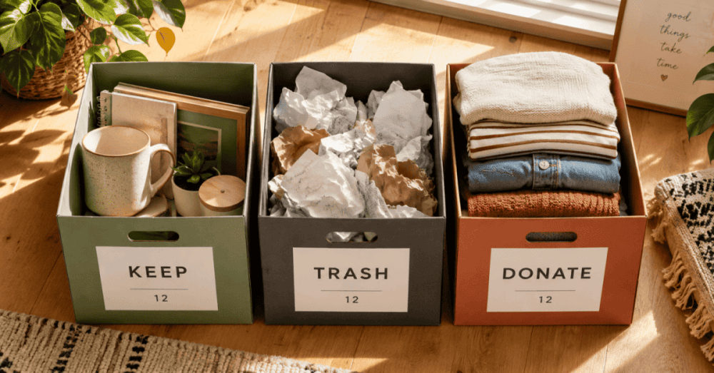 12-12-12 declutter method boxes keep trash donate