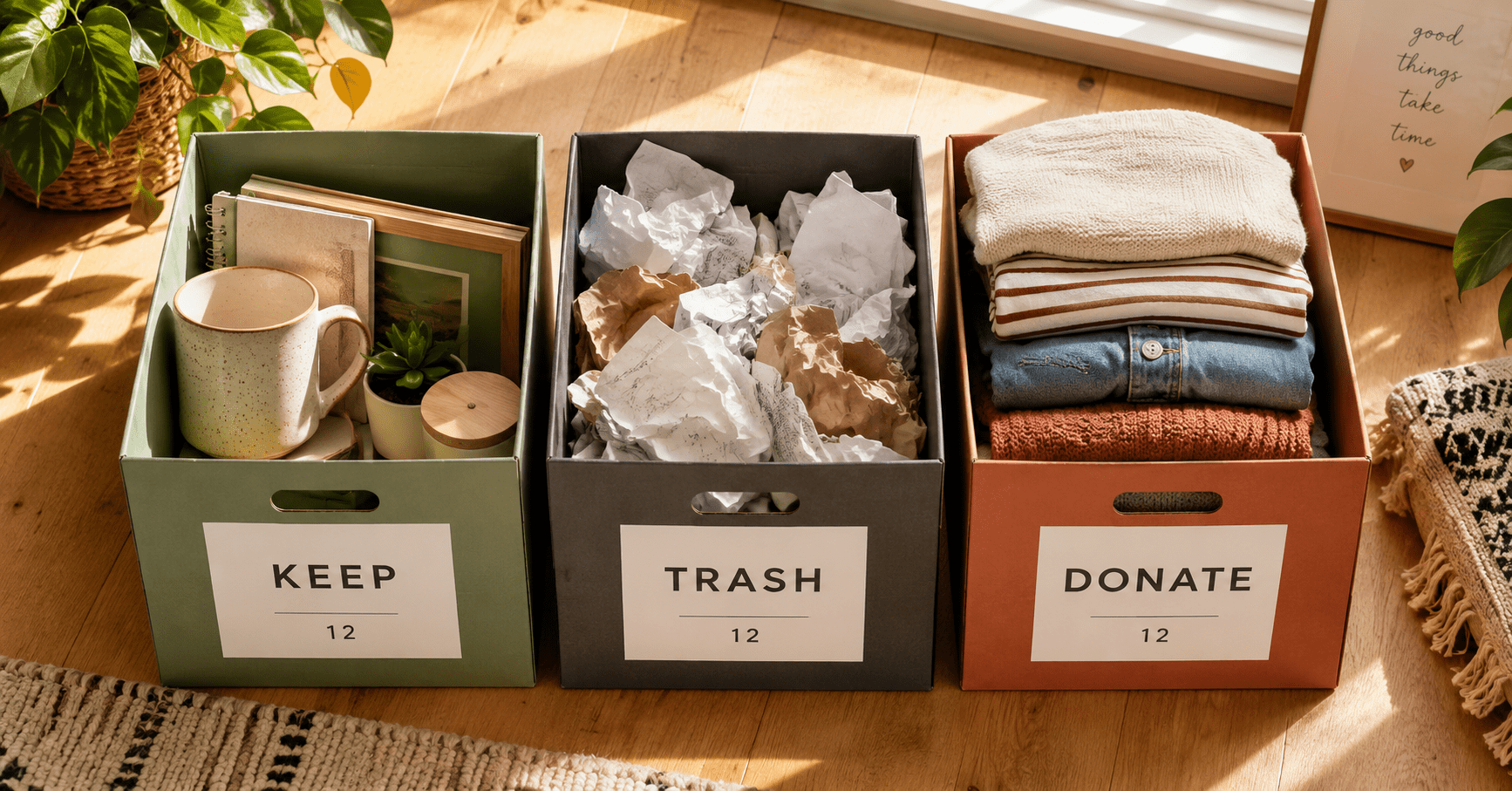 12-12-12 declutter method boxes keep trash donate