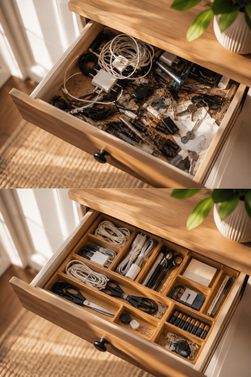 $18 organized drawer transformation with cozy minimalist home organization ideas using bamboo drawer dividers and clean clutter-free storage styling.